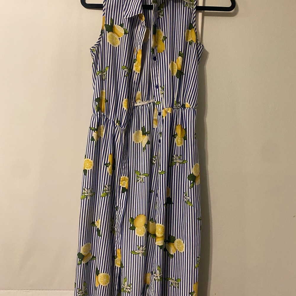 Mlle Gabrielle Blue Striped Dress with Floral Accents